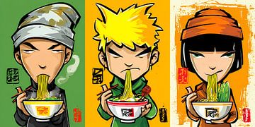 Zeichentrickfiguren, die Ramen essen
