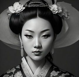 Portret van een Geisha in zwart wit. van Brian Morgan