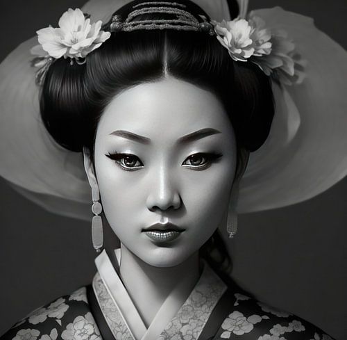 Portret van een Geisha in zwart wit.