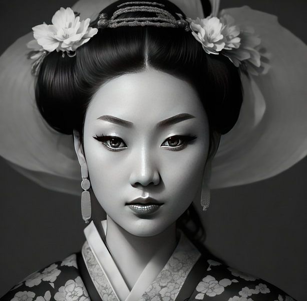 Portrait d'une geisha en noir et blanc. par Brian Morgan