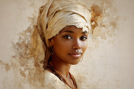 African woman with a smile and a cream-coloured headscarf by Steinfox Art