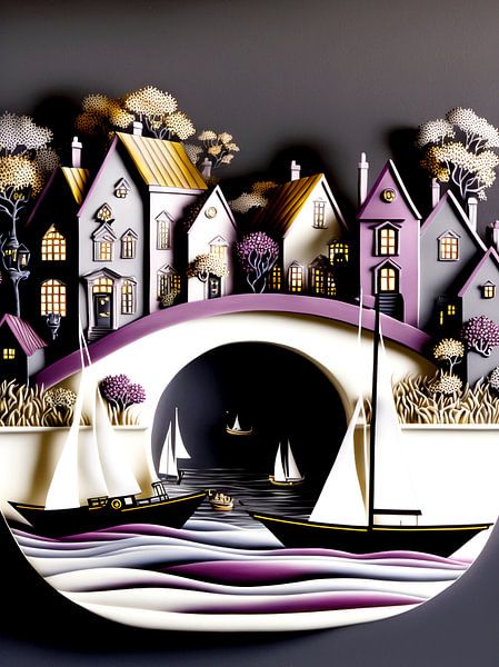 Miniature town Bridge Waves Sailboats Houses Trees Night by gm_designs