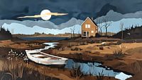 eenzaam huis aan rivier, nacht - collage van Nick Wendt thumbnail