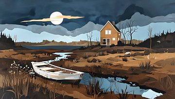 eenzaam huis aan rivier, nacht - collage van Nick Wendt