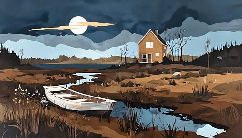 lonely house at a river, night - collage