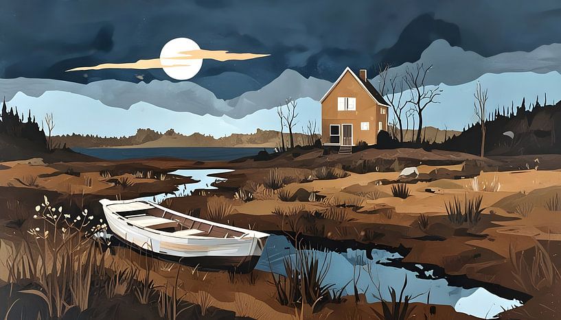 eenzaam huis aan rivier, nacht - collage van Nick Wendt