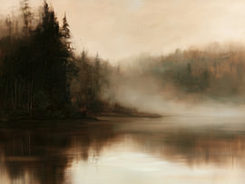 Der neblige See im dunklen Wald