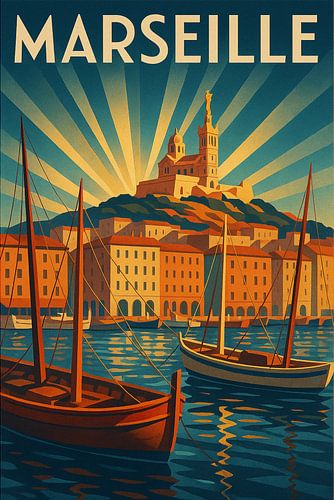 Marseille Art Deco Poster - Alter Hafen & Notre-Dame de la Garde