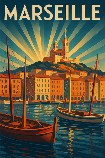 Affiche Art Déco Marseille - Vieux Port &amp;amp ; Notre-Dame de la Garde par Travel Shop
