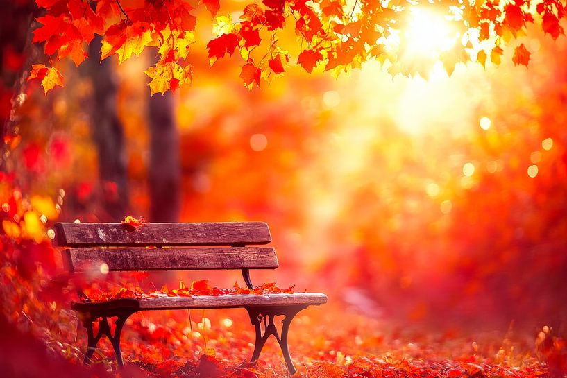 Colourful autumn bench in the sunlight by Poster Art Shop