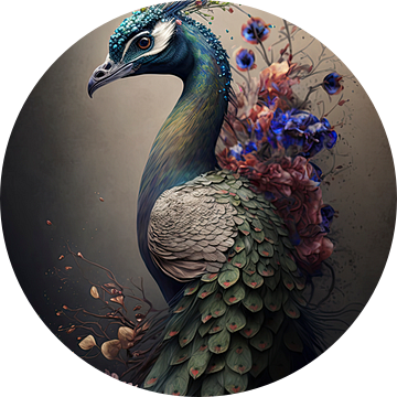 Portret van een pauw met bloemen van Digitale Schilderijen