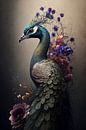 Portrait of a peacock with flowers by Digitale Schilderijen thumbnail