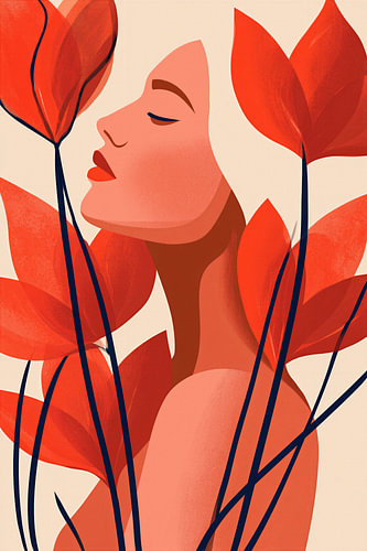 Brise d'automne - Portrait minimaliste d'une femme avec des feuilles de terre cuite sur Egon Zitter
