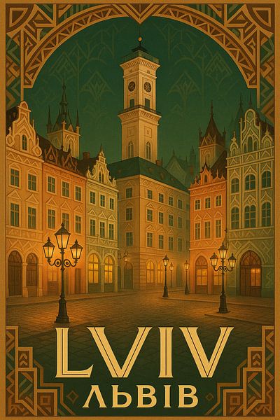 Lviv Rynok Plein Poster - Oekraïne Oude Stad &amp; Stadhuis Toren Kunst van Travel Shop