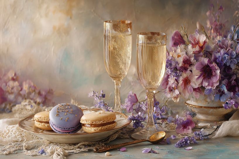 Champagner-Stillleben - Macarons Traumhafte Malerei von Joriali Fotografie und Gemälde