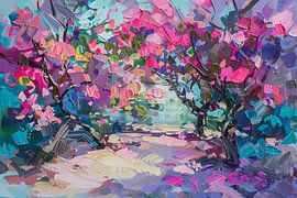 Abstract painting of colourful flowers and trees by Art & Soul Creations