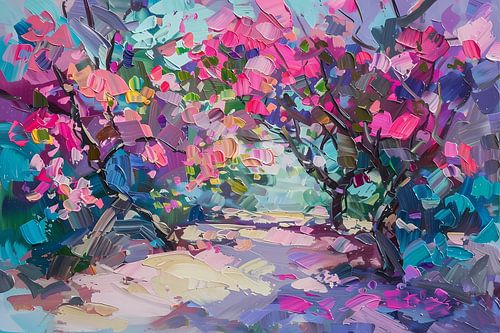 Abstract schilderij van kleurrijke bloemen en bomen