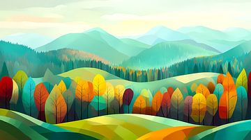 Forêt et collines colorées, art naïf, automne
