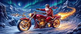 Weihnachtsmann auf dem Nordlicht-Motorrad von AidasignArt