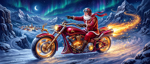 Le Père Noël sur sa moto « Aurores boréales »