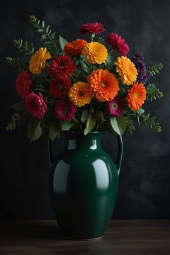 Vibrant Floral Bouquet in Elegant Green Vase by De Muurdecoratie