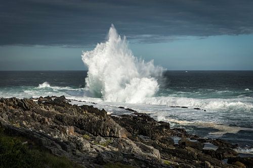 Buchenwellen gegen die Felsen am Meeresrand in Tsitsikamma, Südafrika
