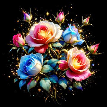 In de pracht van de koningin: rozen tussen gouden regen en symfonie van kleur - een bloemenode aan de gratie, sensualiteit en tijdloze schoonheid van de roos (3 van 3) van AidasignArt