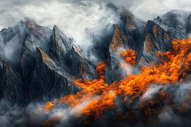 Vulkanische Berge mit Feuer und Nebel von Poster Art Shop