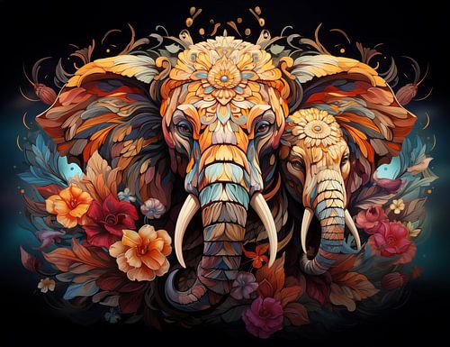 vue colorée de deux éléphants dans la savane à la lumière du soir