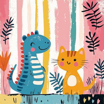 Dinosaurus en een oranje kat doodle