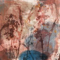 Modern abstract botanical art. Flowers and plants in brown, beige, dark pink and blue