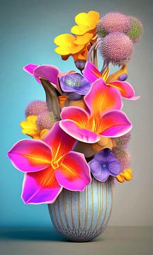 Stilleven met bloemen II - turquoise vaas met bloemen van Lily van Riemsdijk - Art Prints with Color