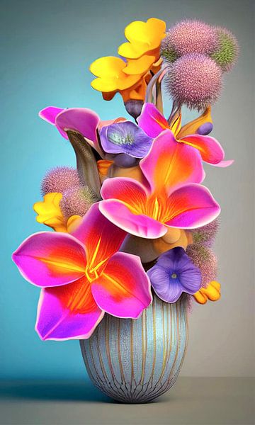Nature morte avec des fleurs II - vase turquoise avec des fleurs par Lily van Riemsdijk - Art Prints with Color