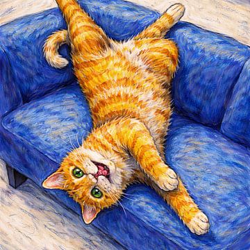 Verspielte orangefarbene Katze, die sich auf einem blauen Sofa ausruht von MARTINA KUSUMA DEWI