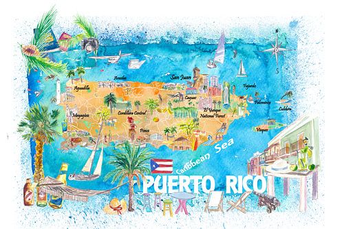Puerto Rico Islands Illustrated Travel Map with Roads and Highlights
