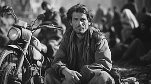 Analog 90er Straßenfotografie Mann mit Motorrad in der Stadt Afghanistan Schwarz und Weiß