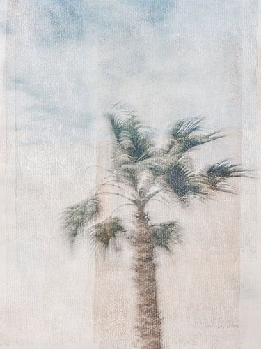 Mixed media artwork of swaying palm tree with textures in pastel shades