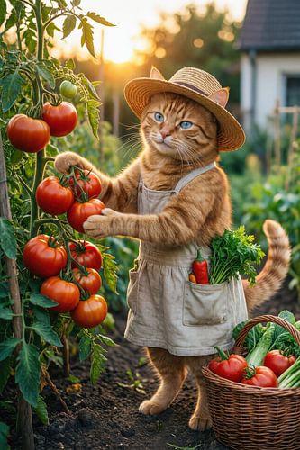 Cat Harvesting Tomatoes in Garden