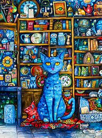 blue-black cat sits in front of a shelf filled with funny