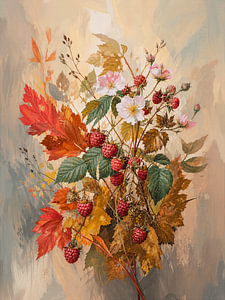 Botanisches Stillleben mit reifen Himbeeren und Herbstblättern
