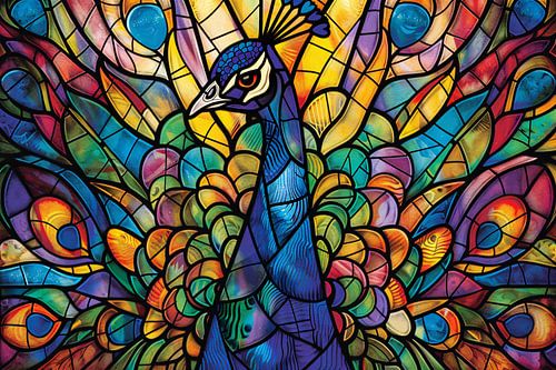 Glas-in-lood pauw in levendige kleuren