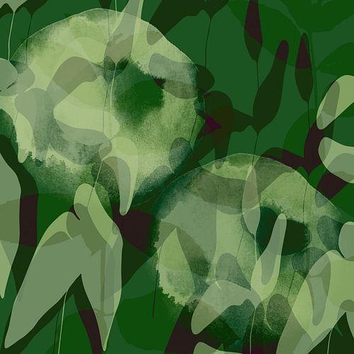 Bloemen en bladeren in groen. Abstracte botanische kunst.