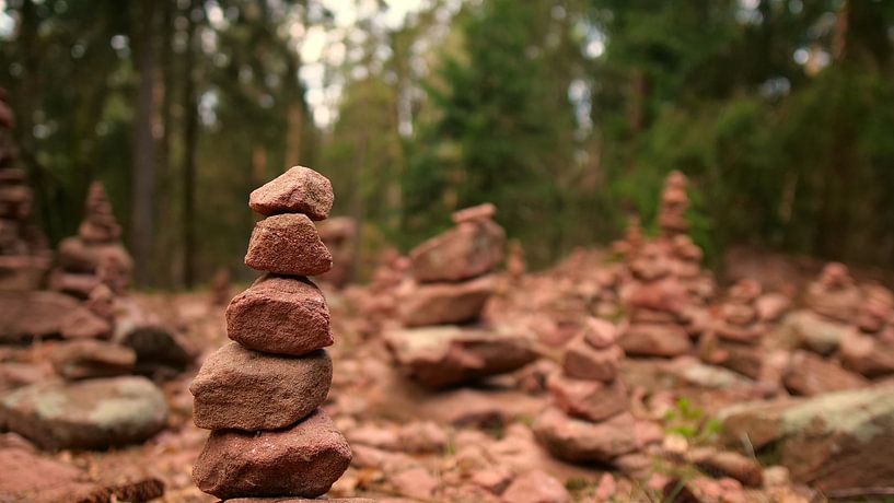 Türmchen aus gestapelten Steinen in sanfter brauner Farbe im Wald. von Timon Schneider