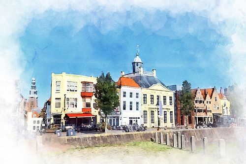 Aquarelschilderij van De Niewendijk, Vlissingen, Zeeland