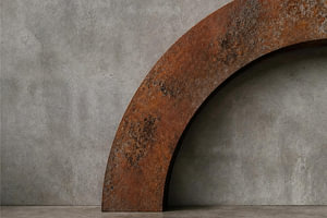 Bogen aus verrostetem Stahl auf Sichtbeton – Minimalistische Materialkunst