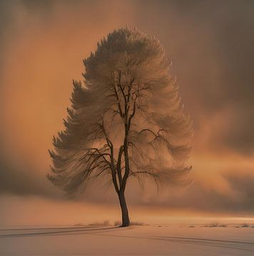 Snow tree at sunset