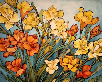 Fleurs jaunes orangées sur Peinture Abstraite