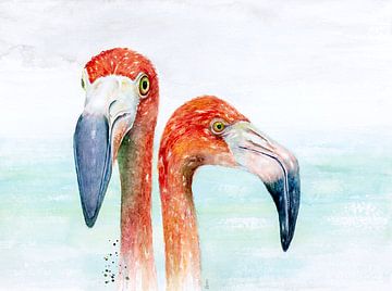 Roze flamingo's op aqua blauwe achtergrond van Atelier DT
