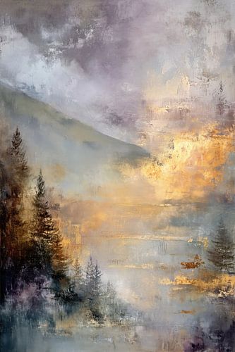 Abstract Landschap - Goud en Mistig Dromerig Schilderij