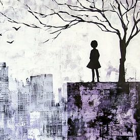 Urban silhouette | Girl On Stage Urban Skyline by Eye catching paintings